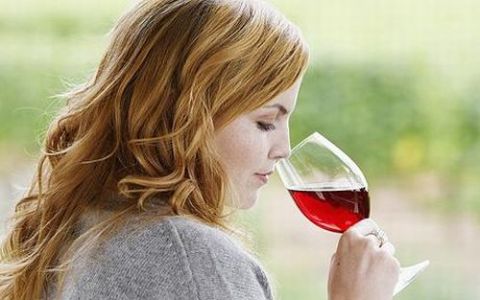 Young woman smelling red wine
